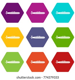 Submarine icon set many color hexahedron isolated on white vector illustration