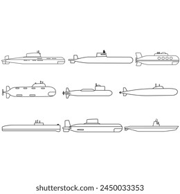 Submarine icon vector set. Bathyscaphe illustration sign collection. Fleet symbol or logo.
