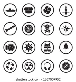 Submarine Icons. Black Flat Design In Circle. Vector Illustration.