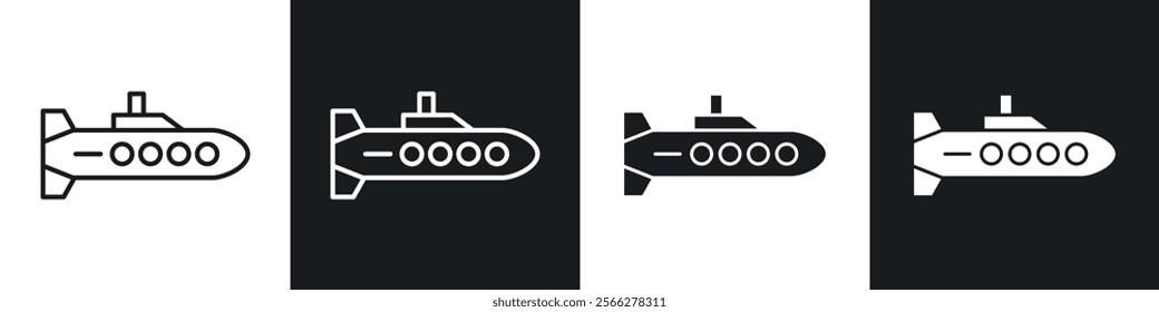 Submarine icons collection in black filled and line style.