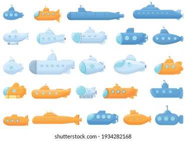 Submarine icons set. Cartoon set of submarine vector icons for web design