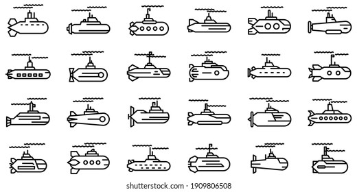 Submarine icons set. Outline set of submarine vector icons for web design isolated on white background