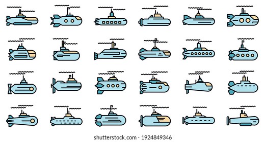 Submarine icons set. Outline set of submarine vector icons thin line color flat on white