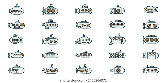 Submarine icons set outline vector. Periscope guard. Army deep dive thin line color flat on white