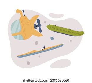 Submarine and Inflatable Boat as Watercraft or Swimming Water Vessel Vector Composition