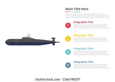 submarine infographics template with 4 points of free space text description - vector illustration