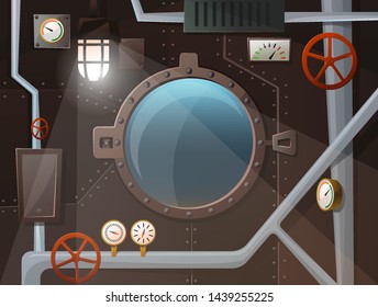 Submarine interior with porthole, pipes, gauges, levers, lamp, iron wall with studs. View two the ocean. Cartoon style, vector