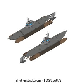 Submarine isometric flat vector illustration ship design icon isolated sea defense