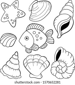 submarine life with fish, starfish, oyster and seashell
