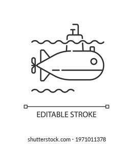 Submarine linear icon. Watercraft capable of independent operation underwater. Underwater vehicle. Thin line customizable illustration. Contour symbol. Vector isolated outline drawing. Editable stroke