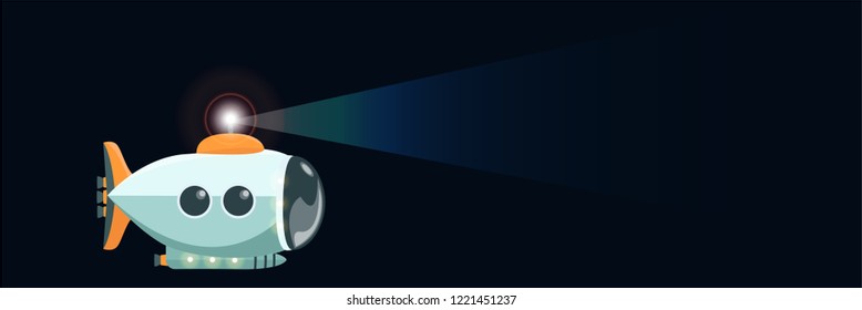 Submarine with a luminous searchlight, isolated. The study of the underwater world and oceanography. Vector object