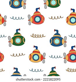 Submarine. Marine seamless pattern with cartoon boats on white background. Cute ships in Scandinavian style on a white background. Fishing boat vector illustration. Vector hand-drawn.