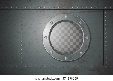 Submarine metal side porthole for underwater travel cartoon vector illustration 