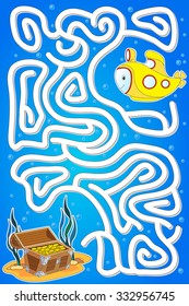 Submarine must pass through a maze and find treasure chest on the ocean floor. Educational game for children. Vector illustration