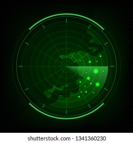 Submarine Navy Search, Abstract Green Radar With Targets, Digital Realistic Radar Screen, Military Search System, Vector Illustration.