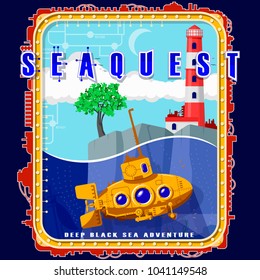 Submarine on the background of the island with a tree and a lighthouse. Emblem with electromechanical elements. Background, text and water are located on separate layers and can be easily disabled.