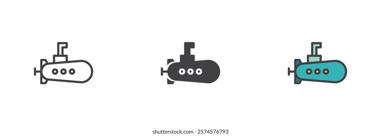 Submarine with periscope different style icon set. Line, glyph and filled outline colorful version, outline and filled vector sign. Symbol, logo illustration. Vector graphics