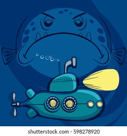 Submarine with periscope, fish and bubbles underwater  cartoon illustration