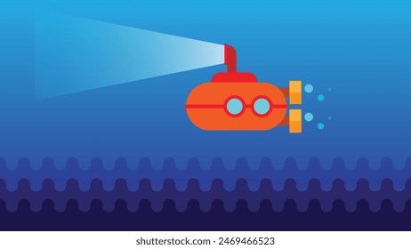 Submarine with periscope underwater. scientific underwater discoveries and travels. flat style vector illustration