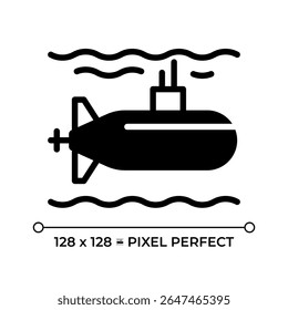 Submarine pixel perfect glyph solid icon. Watercraft capable of independent operation underwater. Maritime transport. Black silhouette symbol on negative space. Vector isolated illustration