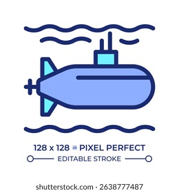 Submarine pixel perfect line color icon. Watercraft capable of independent operation underwater. Maritime transport. Isolated vector illustration. Flat colorful symbol design. Editable stroke