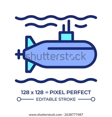 Submarine pixel perfect line color icon. Watercraft capable of independent operation underwater. Maritime transport. Isolated vector illustration. Flat colorful symbol design. Editable stroke