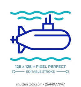 Submarine pixel perfect two color line icon. Watercraft capable of independent operation underwater. Maritime bicolor outline symbol. Duotone linear pictogram. Isolated illustration. Editable stroke