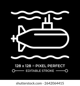 Submarine pixel perfect white line icon in negative space. Watercraft capable of independent operation underwater. Maritime. Monochrome linear symbol on black background. Editable stroke