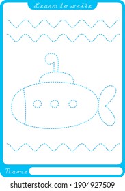 Submarine. Preschool worksheet for practicing fine motor skills - tracing dashed lines. Tracing Worksheet.  Illustration and vector outline - A4 paper ready to print.