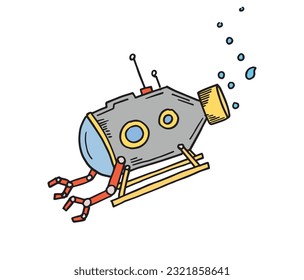 Submarine ready to dive in sea cartoonish drawing illustration with outline and colors. Hand drawn underwater nautical transportation vehicle ready for deep ocean activity and exploring earth.