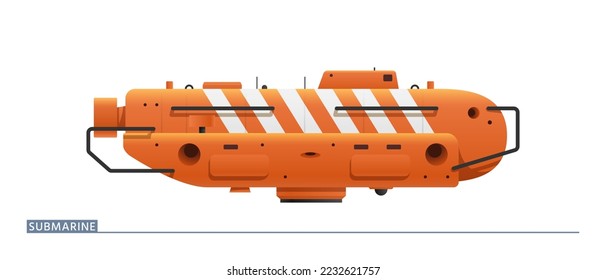 El vehículo submarino de rescate está en una perspectiva lateral. Vehículo de rescate submarino con rayas naranjas. Ilustración vectorial.