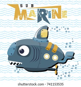 submarine robot on ripple water background, vector cartoon illustration