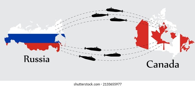 Submarine from Russia to Canada and from Canada to Russia. Concept a war between both country. And flags symbol on maps. EPS.file.