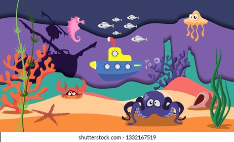 A submarine sailing on the seabed past deep-sea creatures. Illustration, vector. EPS-10.