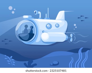 Submarine Sailing Under The Ocean Depths Scene Cartoon illustration Vector