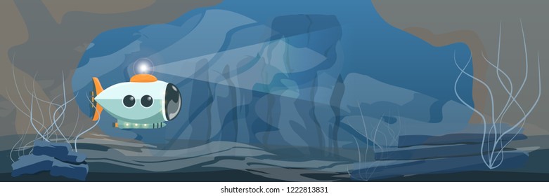 The submarine sails in the dark depths of the sea or ocean. Rocky cave at the bottom of the sea. Deserted seabed with stones and transparent algae. Seascape. Realistic Vector Landscape