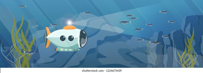 The submarine sails in the dark depths of the sea or ocean. Algae and schools of fish. Seascape. Realistic Vector Landscape