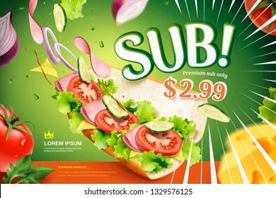 Anuncios de sandwich de submarino con ingredientes frescos volantes sobre fondo verde, ilustración 3d