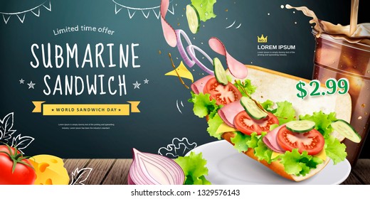 Anuncios de sandwich de submarino con ingredientes frescos volantes en el fondo de la pizarra, ilustración 3d