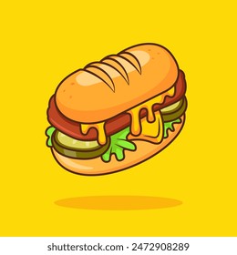 Ilustración del icono del Vector de dibujos animados de la hamburguesa del sandwich submarino. Concepto de ícono de objeto alimenticio Vector aislado de Premium. Estilo plano de dibujos animados