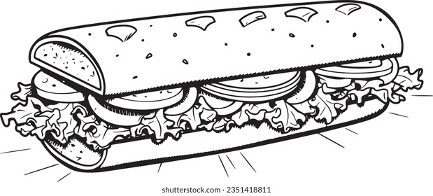 Submarine sandwich engraving style, Basic simple Minimalist vector SVG logo graphic, isolated on white background, children's coloring page, outline art, thick crisp lines, black a svg