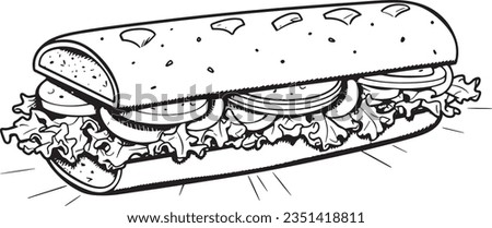 Submarine sandwich engraving style, Basic simple Minimalist vector SVG logo graphic, isolated on white background, children's coloring page, outline art, thick crisp lines, black a