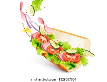 Submarine sandwich with flying fresh ingredients on white background, 3d illustration