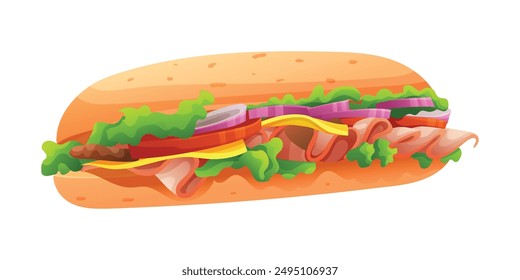 Sándwich submarino con jamón, queso, lechuga y cebolla. Vector ilustración de dibujos animados