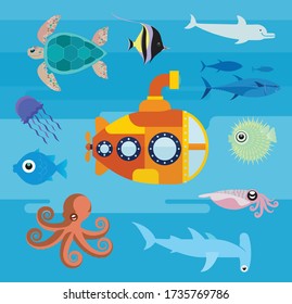 A submarine at sea. Flat illustration of a submarine floating in the ocean. Set of flat icons of underwater life.