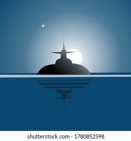 A submarine at sea in the light of the moon. Vector graphics.