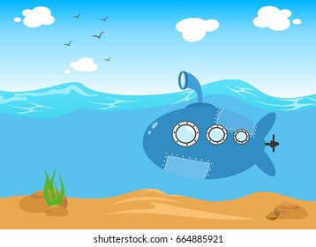 Submarine in the sea, vector cartoon illustration