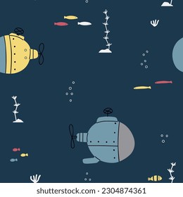 Submarine seamless pattern. Marine design for clothes, fabric, paper, cover, interior decor. Vector texture.