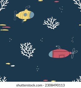 Submarine seamless pattern. Marine design for clothes, fabric, paper, cover, interior decor. Vector texture.
