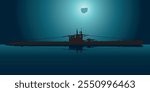 submarine from the Second World War on a night, lunar background.Horizontal vector illustration for the design of your prints in military style